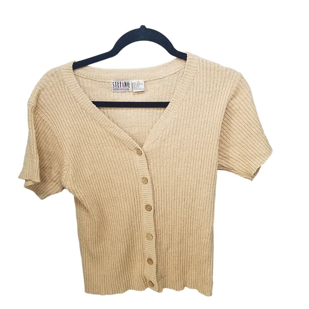 Stefano Womens Sz M Yellow Solid Short Sleeve Knitted Cardigan
